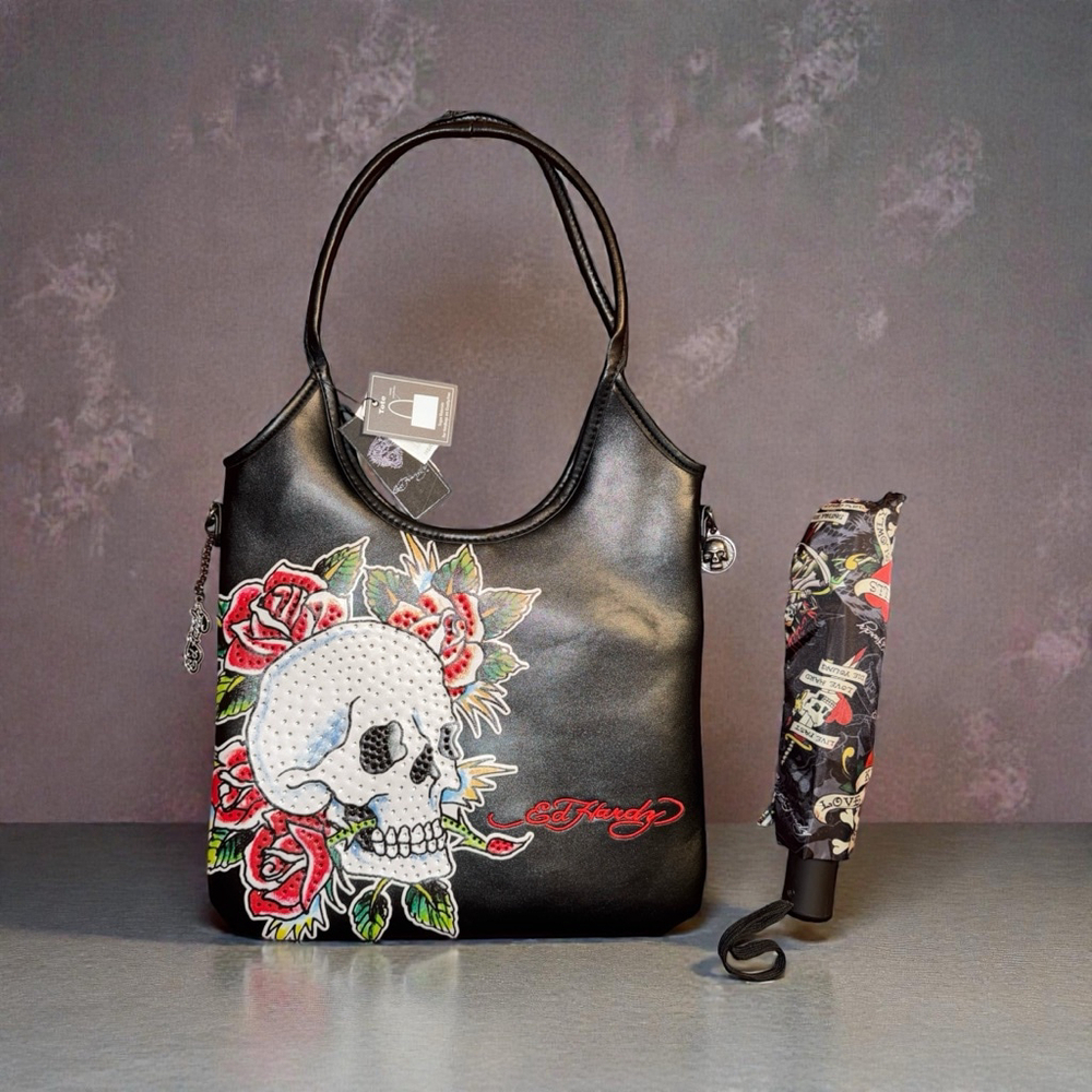 Ed Hardy Skull & Roses Tote Bag with Charms Love Kills Slowly Compact Umbrella